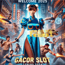 a poster for gacor slot shows chun li surrounded by fighters