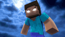 a minecraft character with glowing eyes and a blue shirt