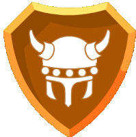 a brown shield with a white icon of a viking helmet