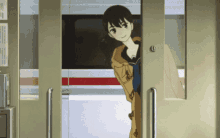 a girl in a coat is peeking out of a doorway