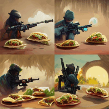 four paintings of a soldier with a gun and tacos on a table