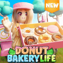 a girl is holding a box of donuts in front of a sign that says donut bakery life