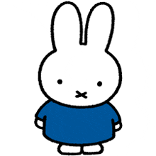 a white rabbit with a blue shirt on