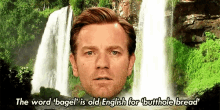 a man in front of a waterfall with the words " the word ' bagel ' is old english for butthole bread " above him