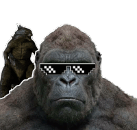 a picture of a gorilla wearing sunglasses with a sticker of a dinosaur in the background