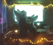 a drawing of two animals hugging in front of a tv screen