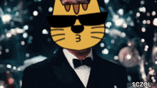 a man in a tuxedo and bow tie has a cat face on his face