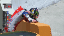 a motorcycle racer is laying on a wall with the number 20 on the top right