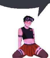 a man in a crop top and skirt is kneeling down with a speech bubble behind him