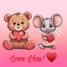 a teddy bear and a mouse are holding hearts and the words love you are below them