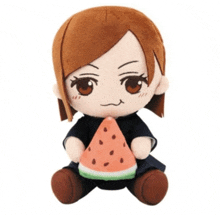 a stuffed toy of a girl holding a watermelon slice