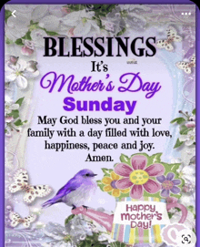 a blessings it 's mother 's day sunday card with flowers and a bird