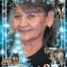 a woman is surrounded by wolves and snowflakes on a blue background