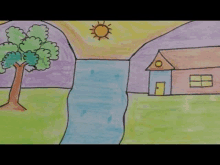 a drawing of a river , a house , a tree and a sun .