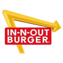 the logo for in-n-out burger has a yellow arrow pointing to the right