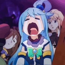 a cartoon girl with blue hair is crying with her mouth wide open