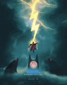 a poster for a movie called worlds collide shows a batman being struck by lightning