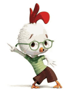 a chicken wearing glasses and a green shirt is pointing at something .