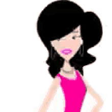 a cartoon of a woman with black hair wearing a pink tank top and earrings .