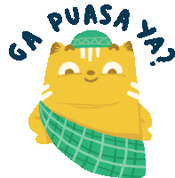 an illustration of a cat wearing a green plaid scarf and a hat with the words ga puasa ya