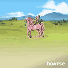 a pink unicorn with wings is standing in a field with howrse written on the bottom