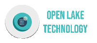 a logo for open lake technology shows a blue eye