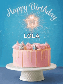 a pink birthday cake with sparklers coming out of it and the name lola on it .