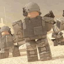 a group of roblox soldiers are standing next to each other in a desert .