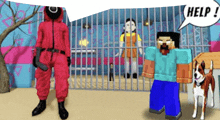 a man in a red jumpsuit is standing next to a man in a blue sweater and a dog in a video game .