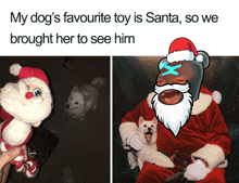 a person holding a stuffed animal next to a picture of santa claus