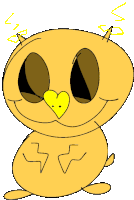 a cartoon drawing of a yellow owl with horns and a heart on its beak