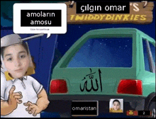 a cartoon boy is standing in front of a green car with the word allah written on the back