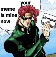 a man with red hair and sunglasses is holding a book that says `` your meme is mine now '' .