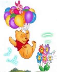 a cartoon of winnie the pooh holding balloons