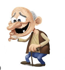 a cartoon of an elderly man with a cane and a big smile .