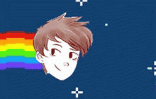 a pixel art drawing of a boy 's head with a rainbow in the background