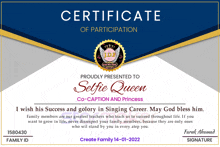 a certificate of participation for selfie queen co- caption and princess