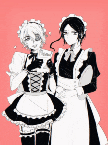 two maids are standing next to each other and one has a menu in her hand