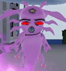 a purple monster with red eyes and a star on his head