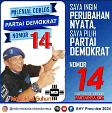 a poster for partai demokrat shows a man pointing at something