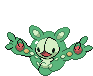 a pixel art drawing of a green frog with red berries on its arms and legs .