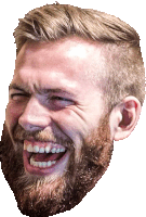 a man with a beard laughs with his mouth open