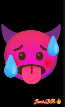 a devil emoji with horns and sweat coming out of his nose