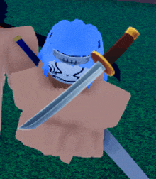 a cartoon character holding a sword and a mask on his head