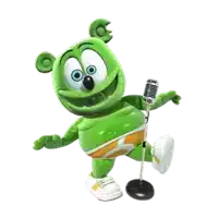 a green gummy bear singing into a microphone on a white background