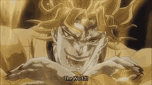 dio from jojo 's bizarre adventure is holding a book in his hands and saying the world .