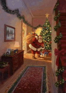 a painting of santa claus carrying a bag of gifts