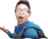 a boy wearing glasses and a scarf that says x on it