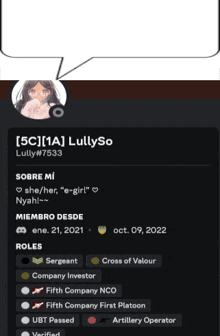 a screenshot of lullyso 's profile with a speech bubble above her head