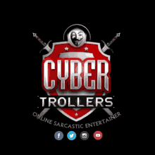 a logo for cyber trollers online sarcastic entertainer with a shield and swords